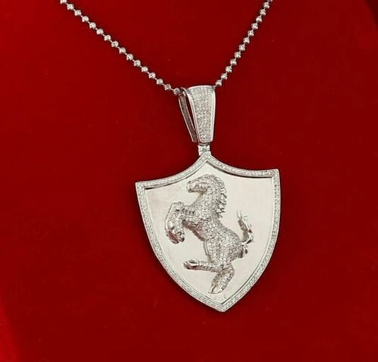 10K White Gold Finish Silver Ferrari Horse Shield Pendant With Lab Created Diamonds