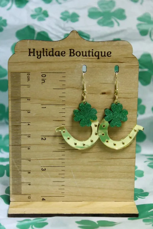 Golden Horseshoe & Shamrock Drop Earrings