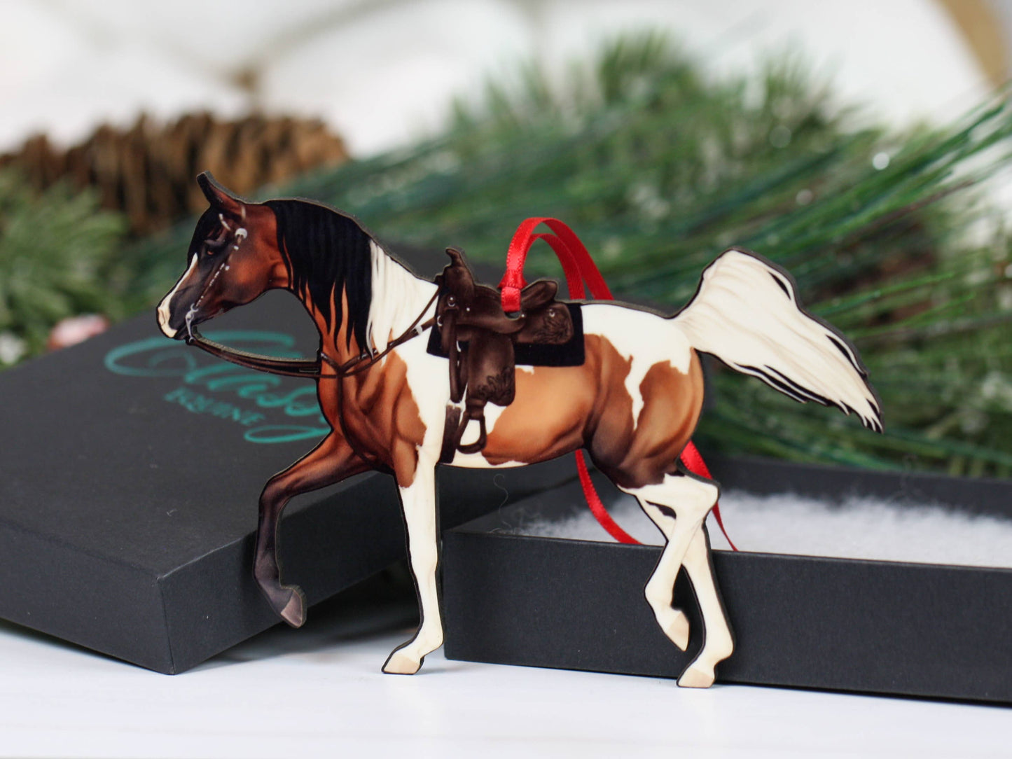 Arabian Horse Christmas Ornament - Bay Tobiano Western Equestrian