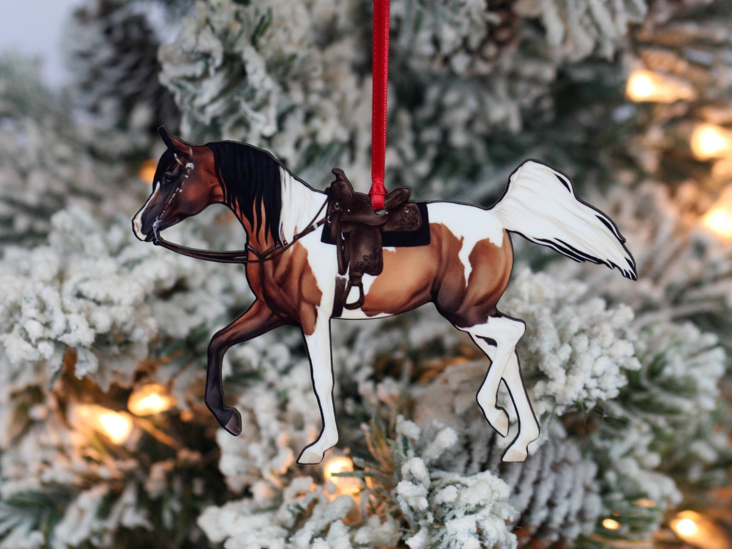 Arabian Horse Christmas Ornament - Bay Tobiano Western Equestrian