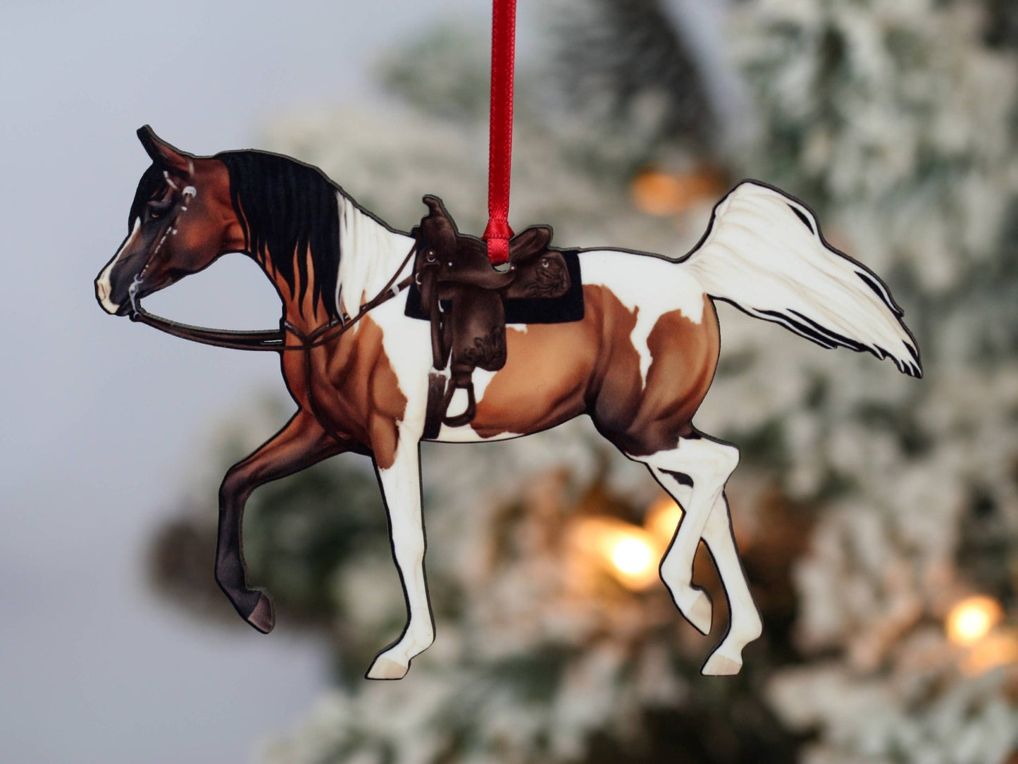 Arabian Horse Christmas Ornament - Bay Tobiano Western Equestrian