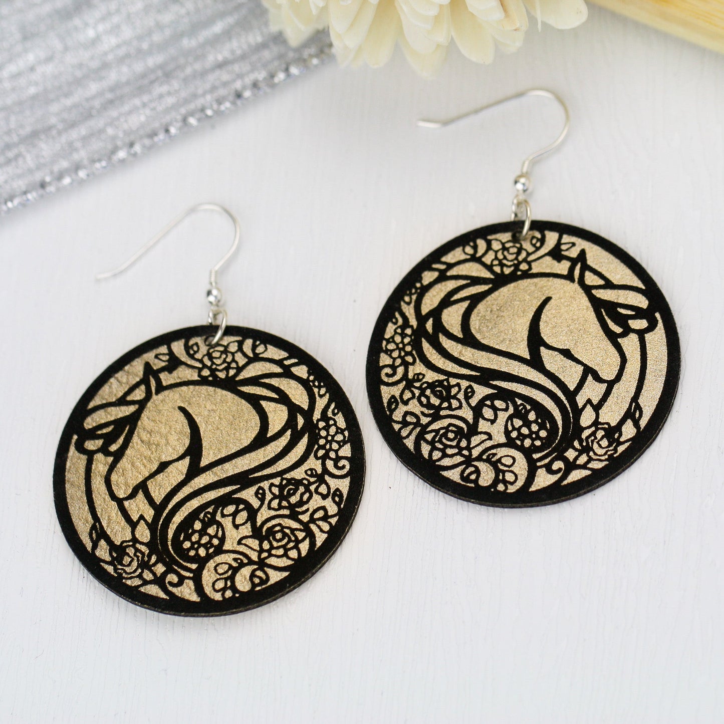 Elegant Floral Horse Head Dangle Earrings - Multiple Color Options