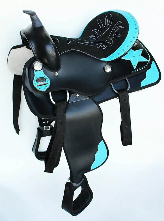 Western Barrel Racing Synthetic Saddle and Tack, Sizes 13" to 18"