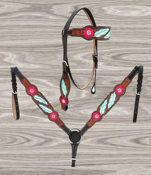 Horse western leather Floral tooled headstall bridle breast collar set