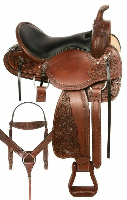 Western Trail Endurance Saddle With Tack (Brown Leather), Sizes 15"-17"