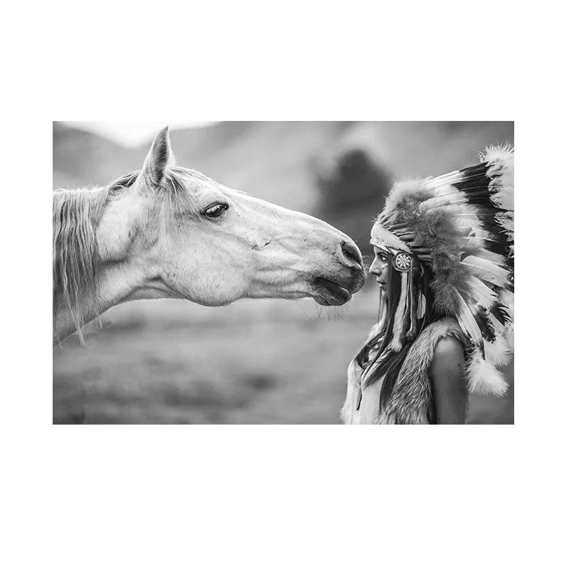 Native Indian With Horse Portrait Canvas Scandinavian Poster